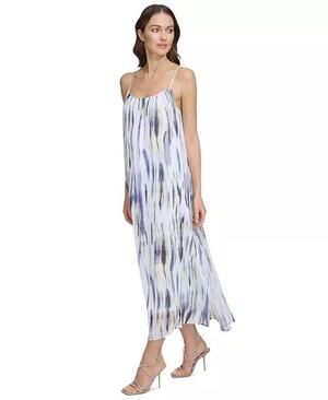 DKNY $129 Printed Chiffon Maxi Flowy Strapless Boho Lined Dress Size L